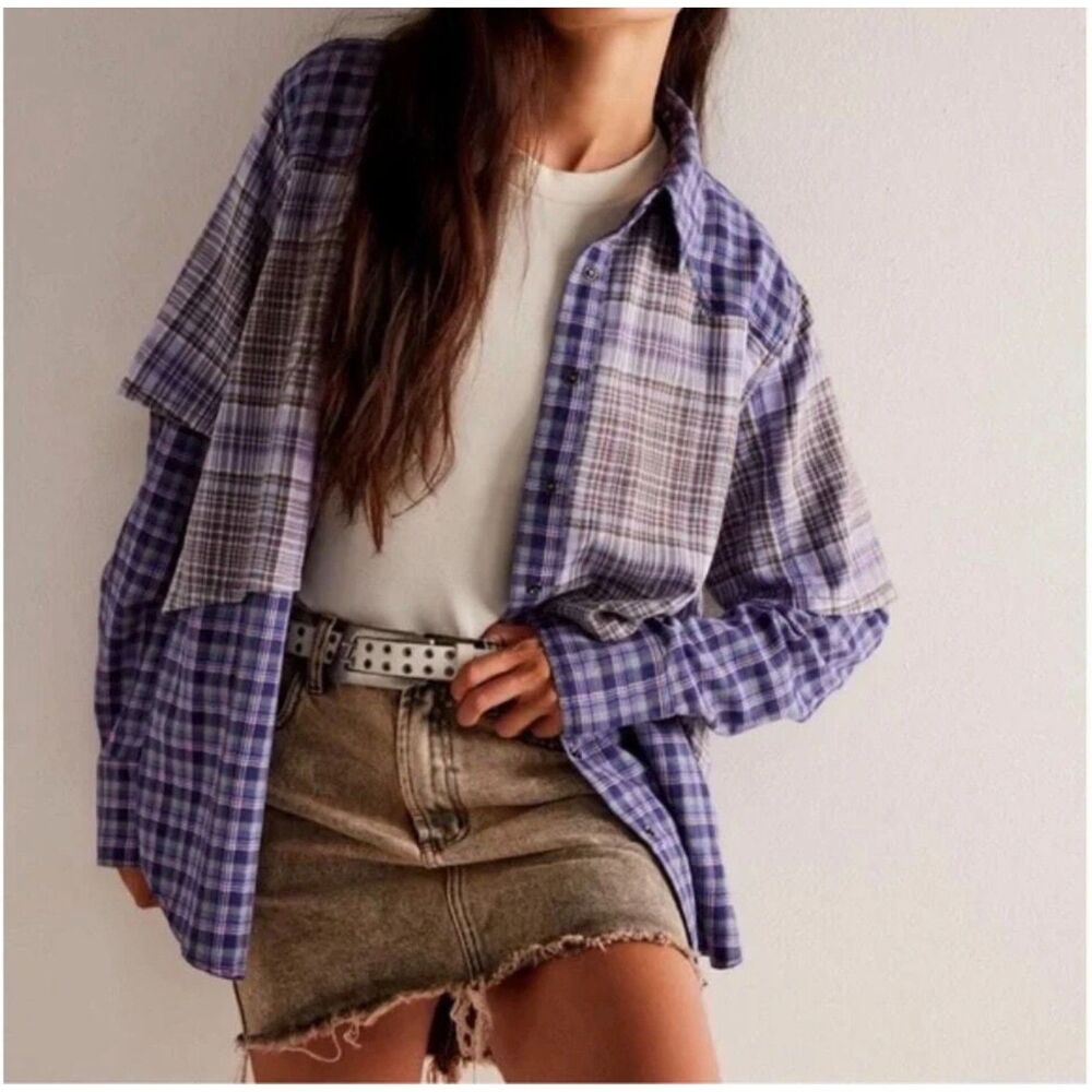 We The Free Layer it Up Plaid Flannel Shirt Purple XS Oversize Grunge Fall Cotto